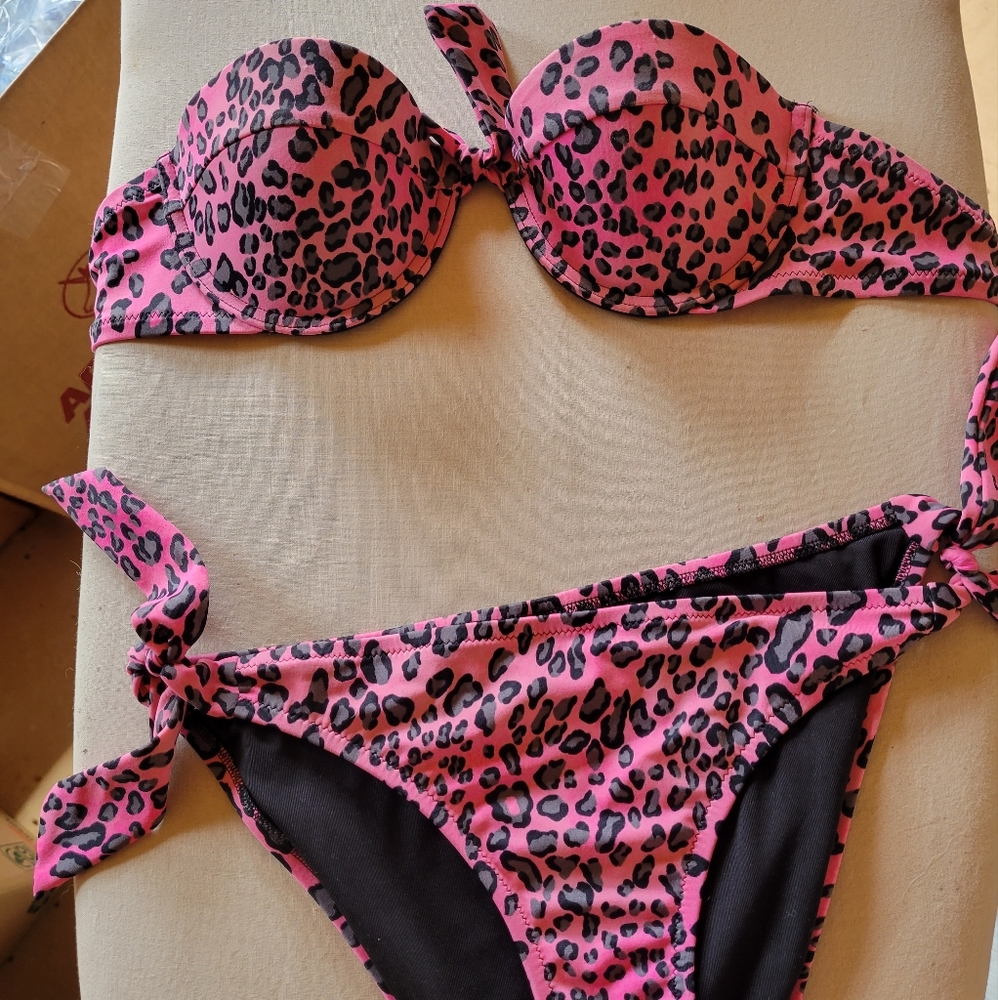 Victoria Secret pink animal print strapless bikini, top & bottom